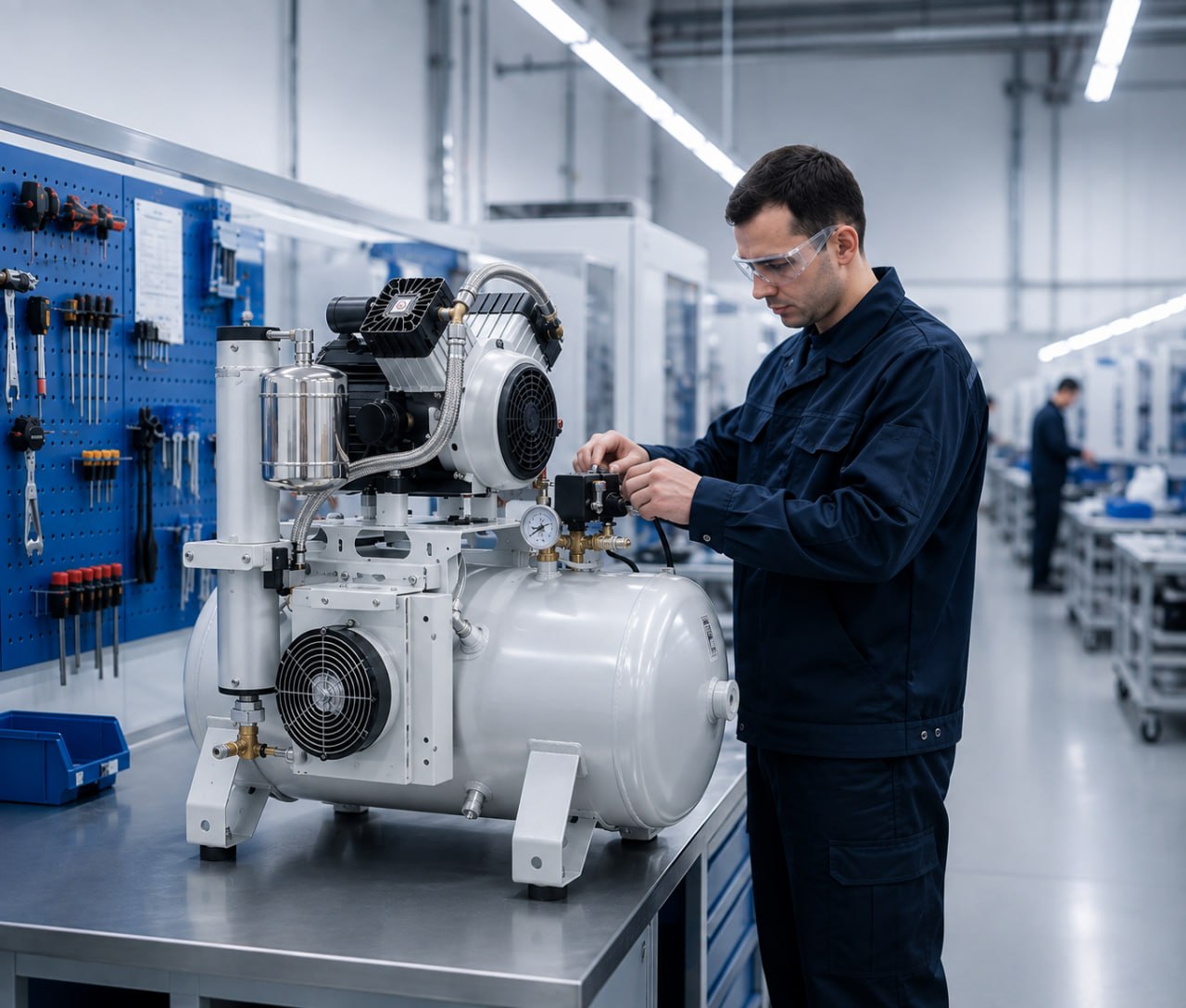 Инженер ONH Systems на сборке безмасляной компрессорной установки в цеху